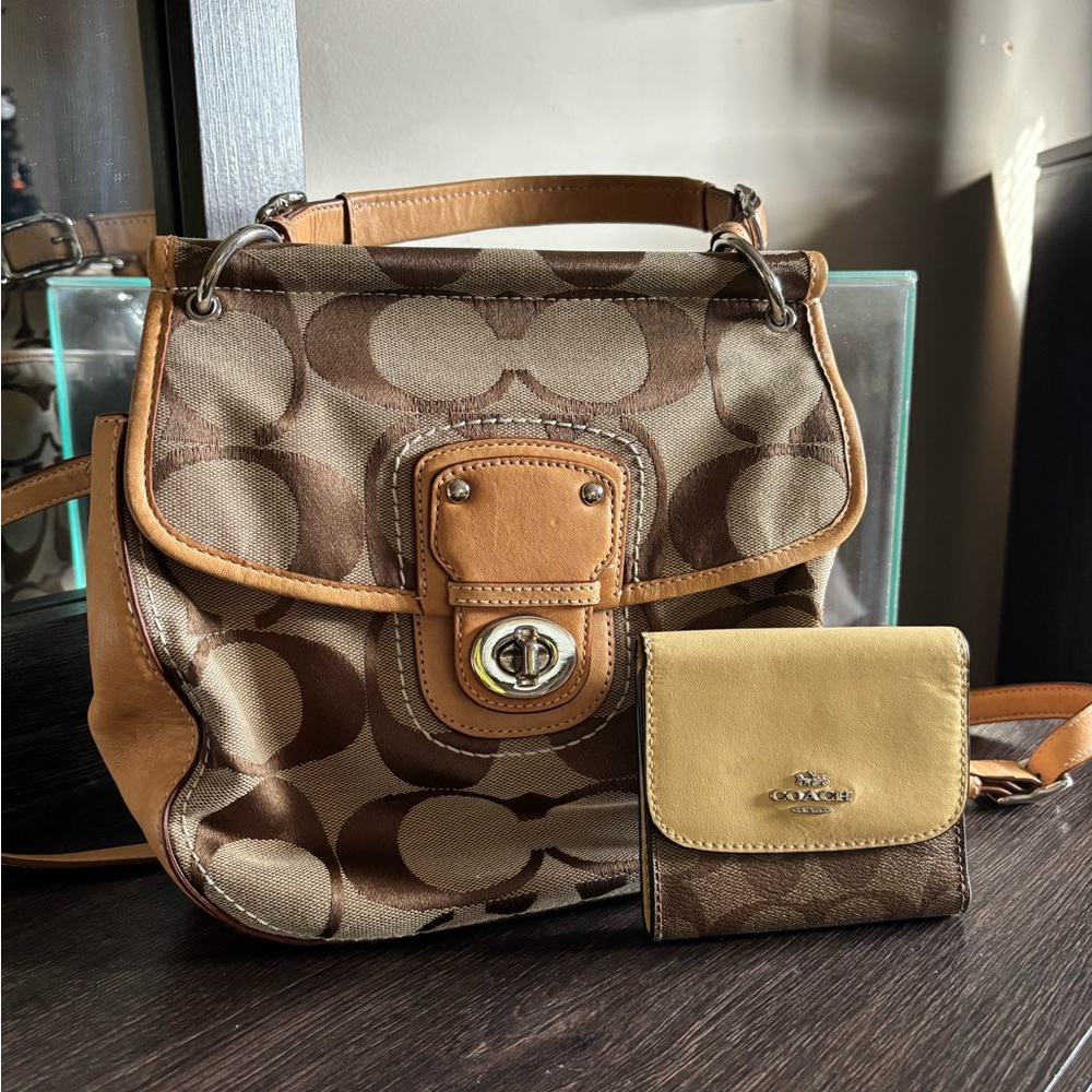 Coach Brown and Tan Signature Backpack with Leather Accents